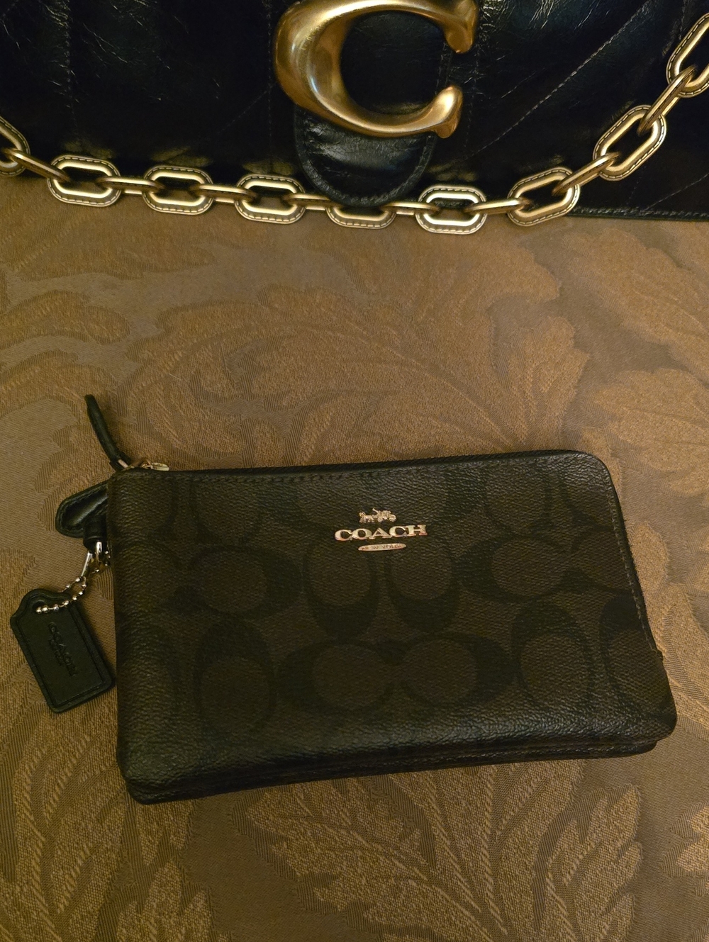 Coach Black Signature Double Zip wallet with Gold Logo